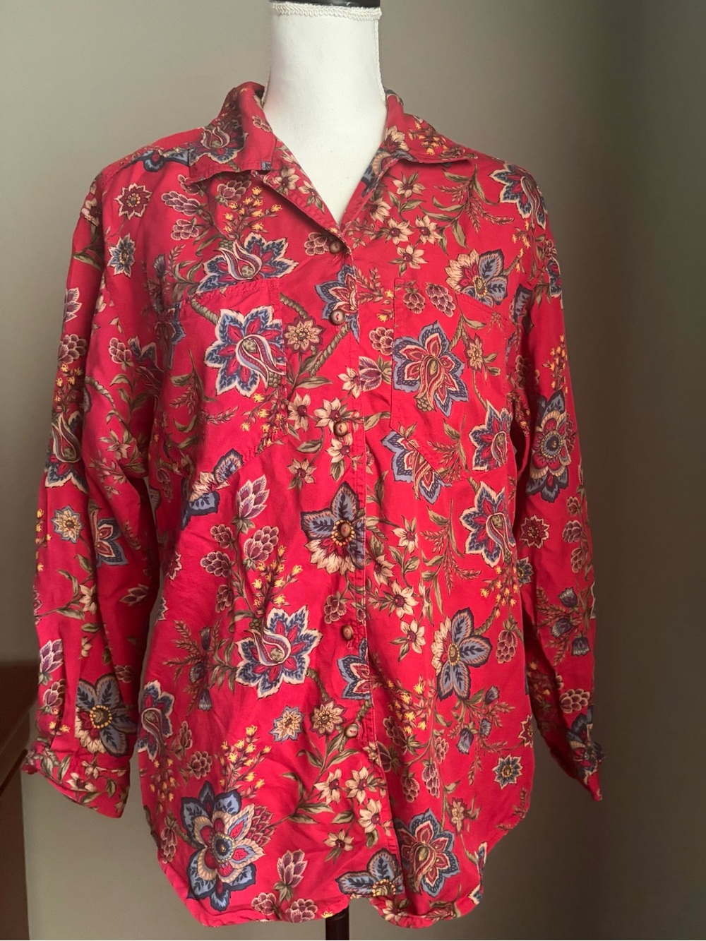 Vintage 90s Liz Wear Red Botanical Paisley Floral Long Sleeve Blouse Petite M